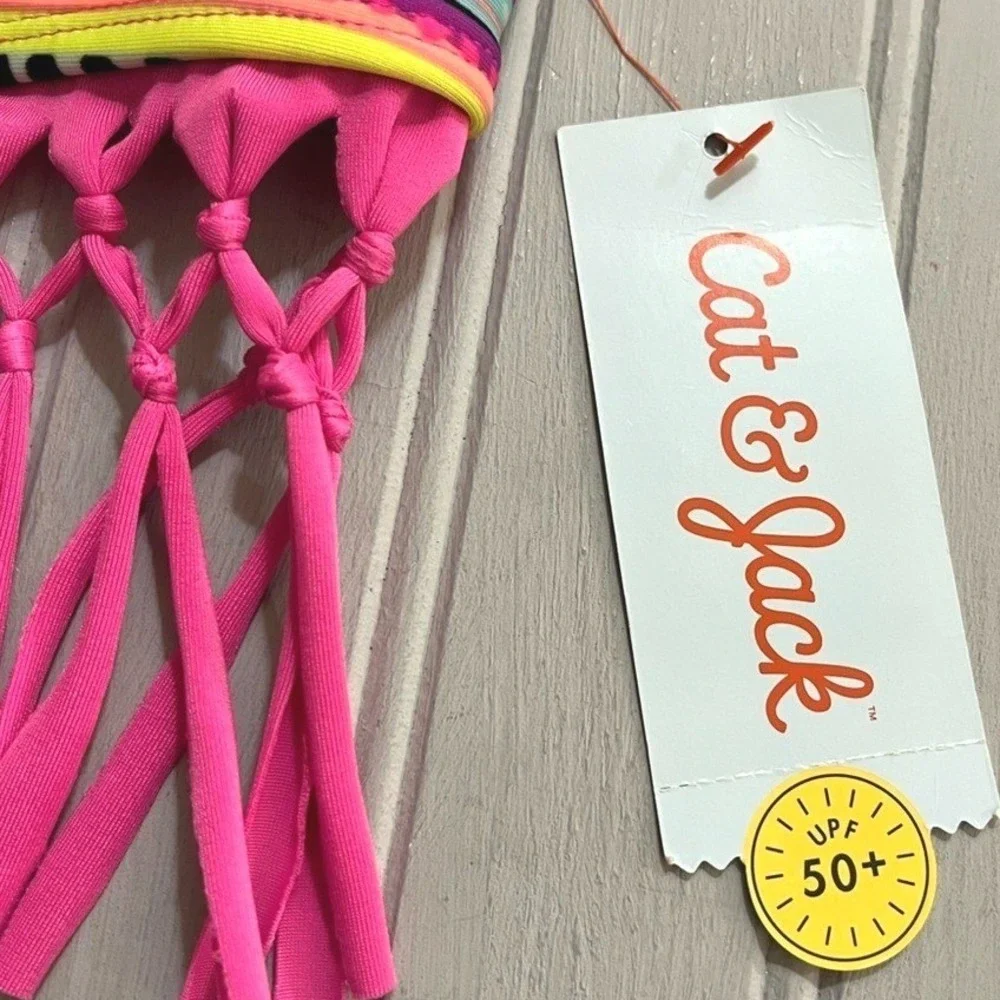 Cat & Jack Fringe Bikini Swim Top Girls Large Pink Colorful Stripes NWT